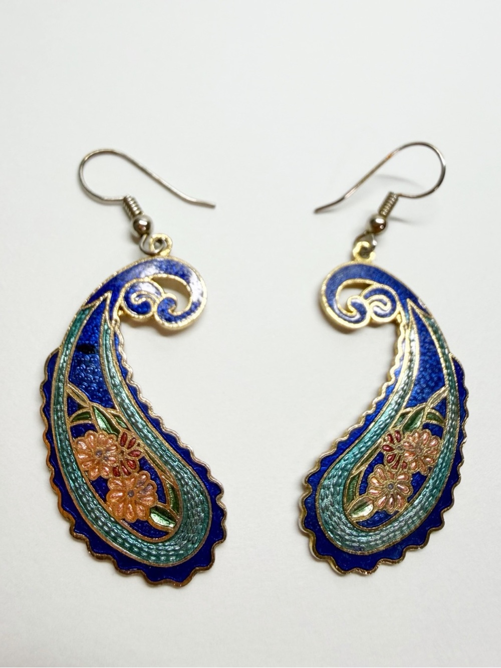 Vintage Cloisonne Floral Paisley Dangle Drop Earrings